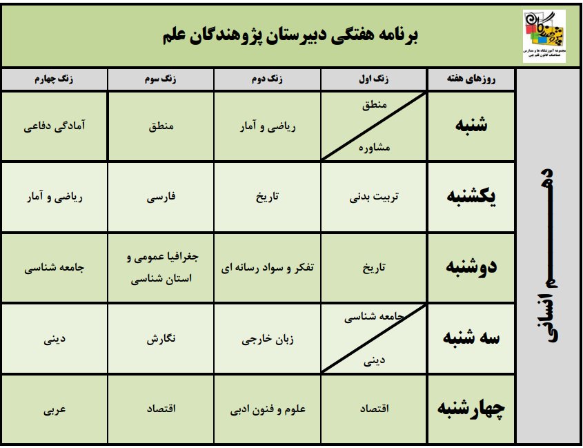 برنامه هفتگی پایه دهم انسانی